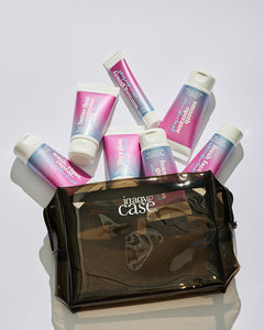 Close-up to Wanderlust set by In Any Case, tubes in color Purple Blue and a fumé transparent pouch